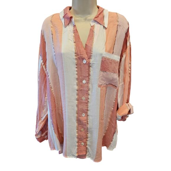Club z collection pink metallic roll tab long sleeve lightweight button up 2X - Picture 2 of 8